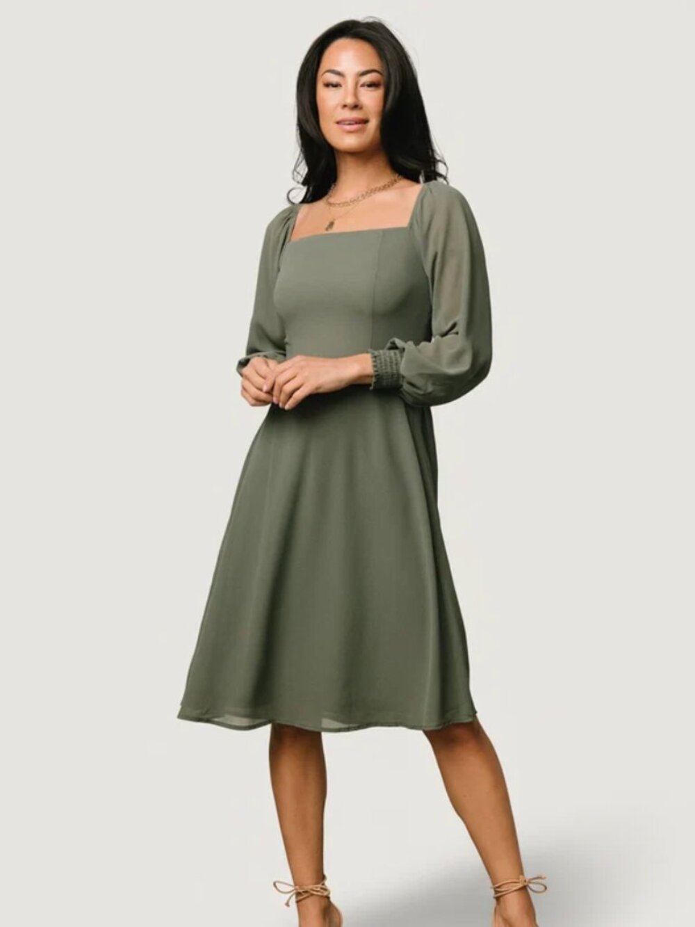 Baltic Born Olive Green Long Sleeve Square Neck Midi Dress